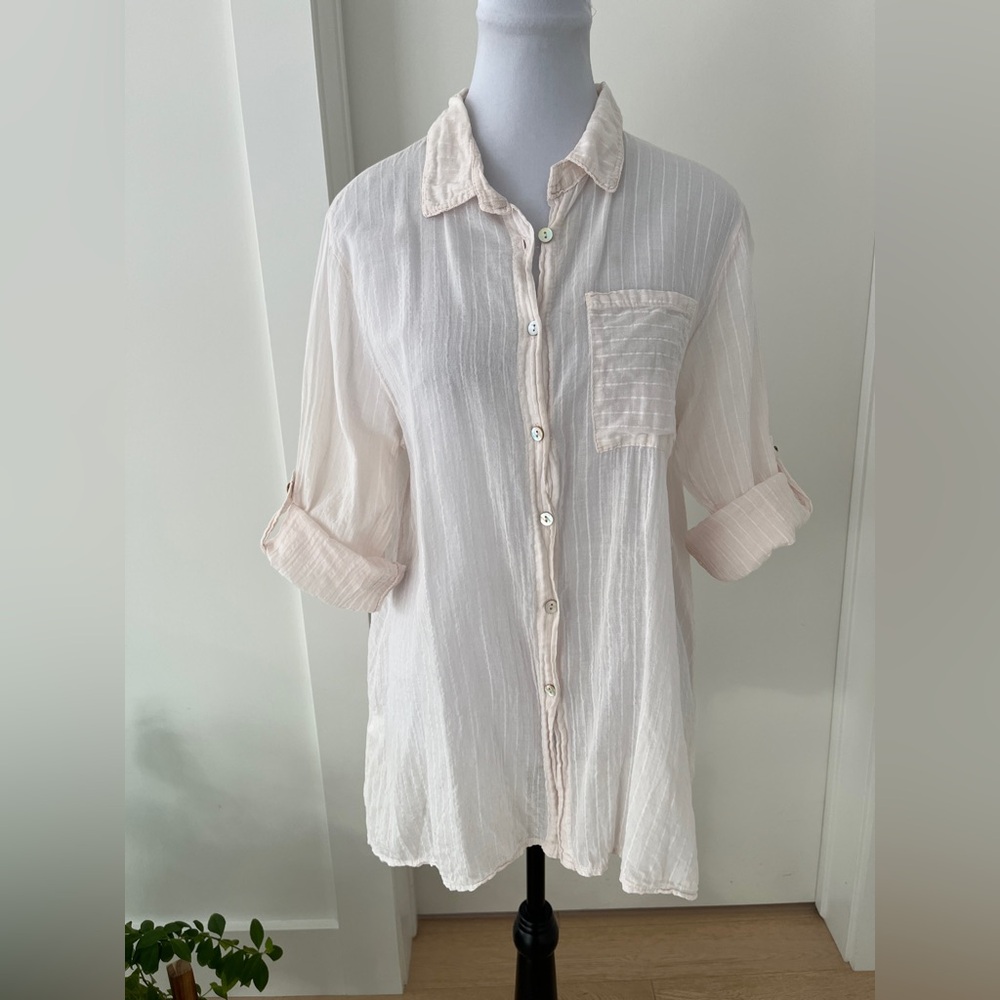 ANGELA MARA Lightweight Button Front Roll Tab Sleeve Shirt 100% Cotton Sheer
